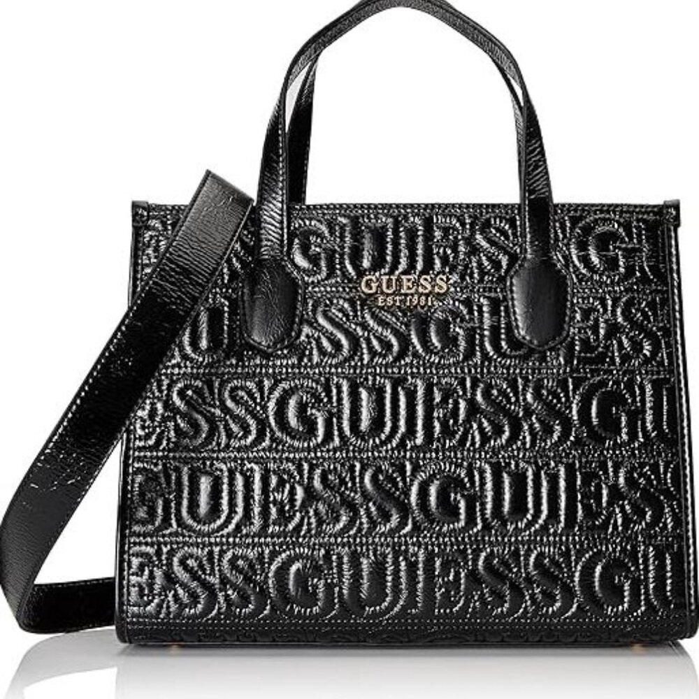 GUESS Silvana 2 Compartment Tote - Black Metallic Large Handbag - Logo Office